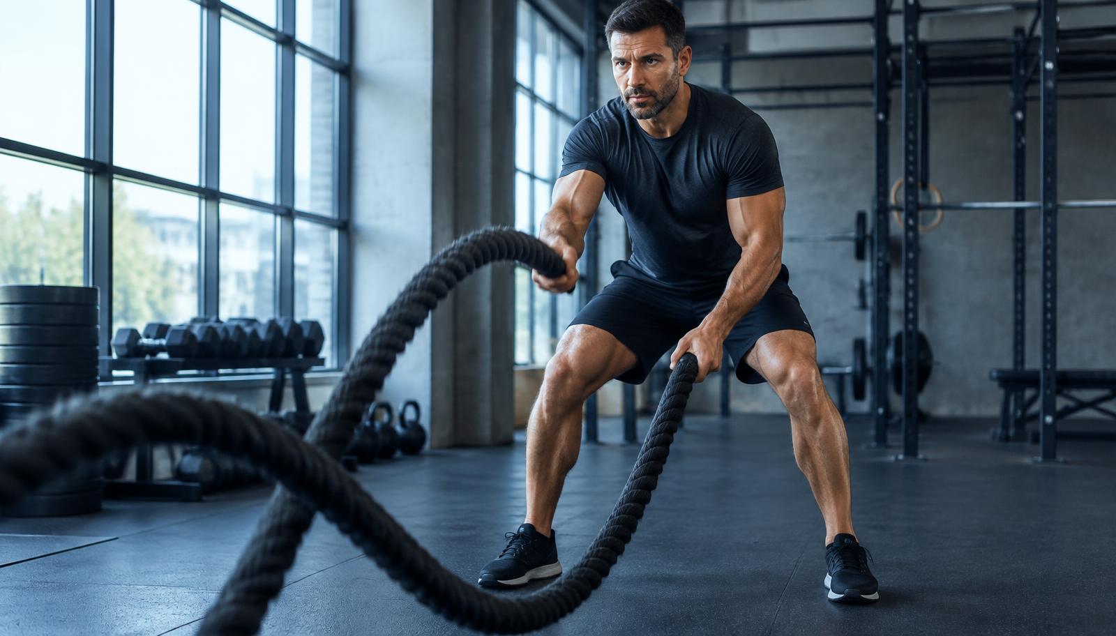 Man training with battle ropes