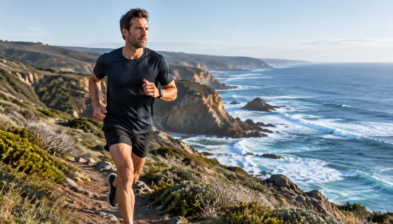 Man running on a coastal track