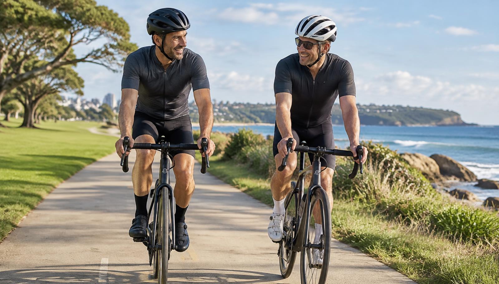 Two friends cycling beside the coast