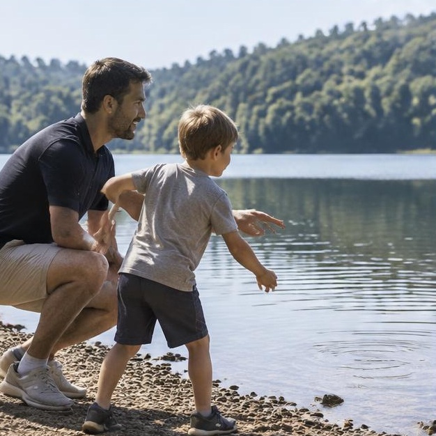Father and son enjoying football in a park