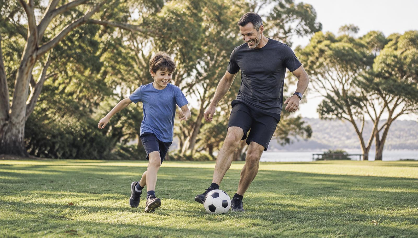 Father and son enjoying football in a park