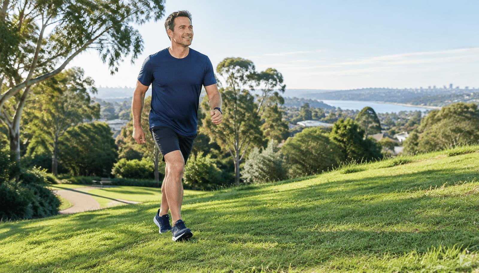 Man walking uphill in a green park